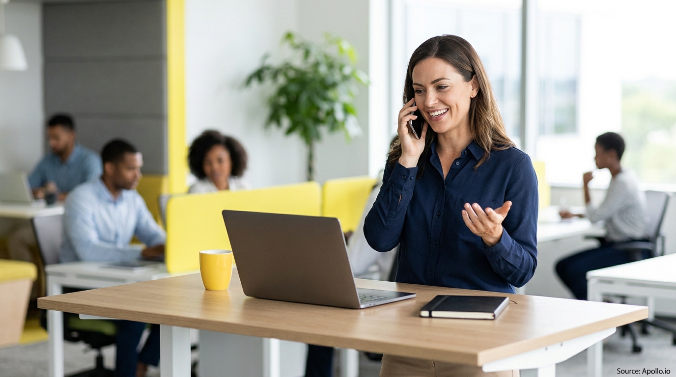 A smiling woman talks on her phone at a laptop on a standing desk in a busy office.
