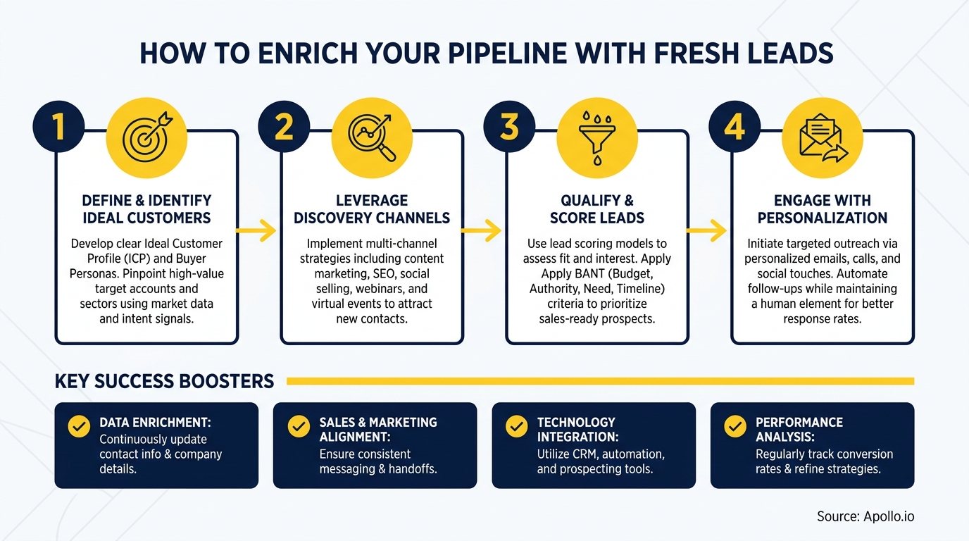 Infographic showing a four-step process and four key boosters for lead generation.