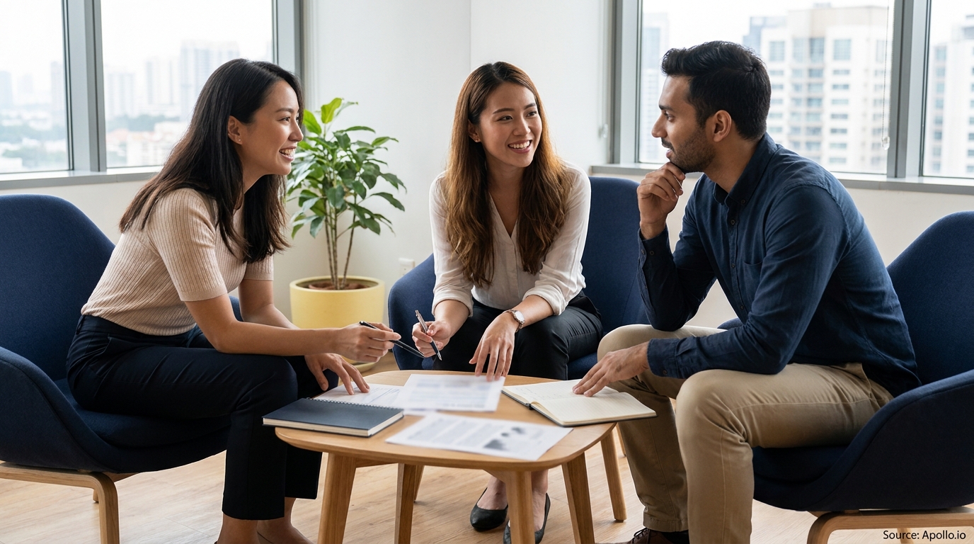 Three professionals discuss papers around a lounge table in a bright office.