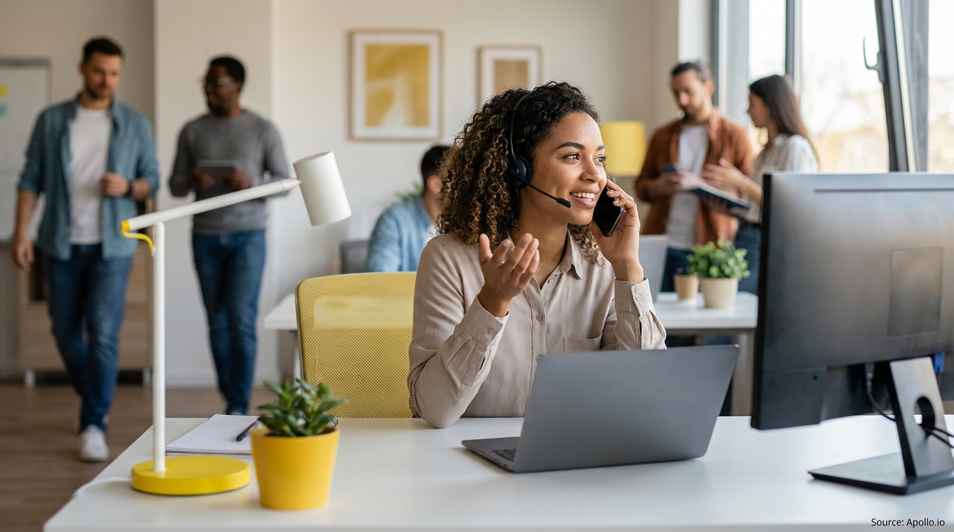 A woman with a headset talks on her phone at a desk in a busy, modern office with five other colleagues.