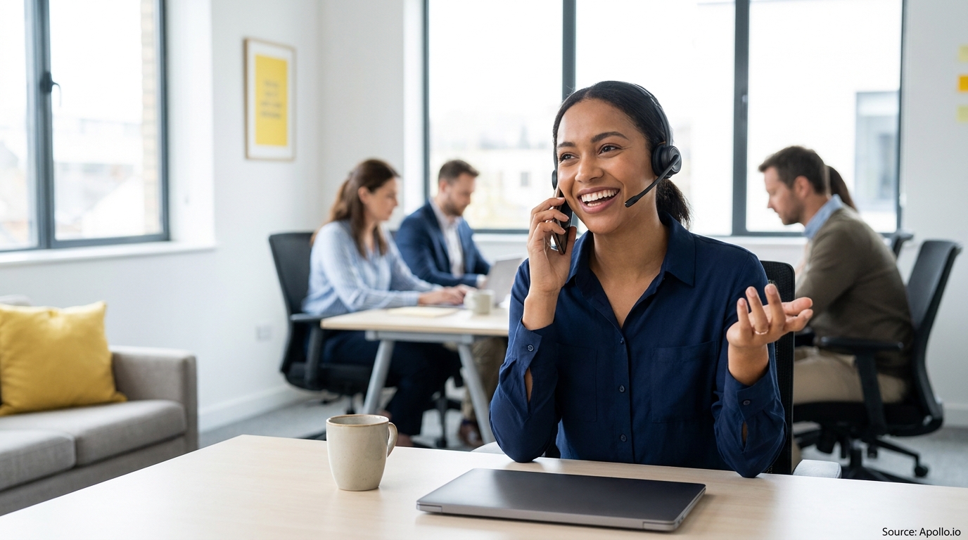 Smiling woman on a headset and phone, gesturing in a busy, modern open-plan office with other colleagues working.