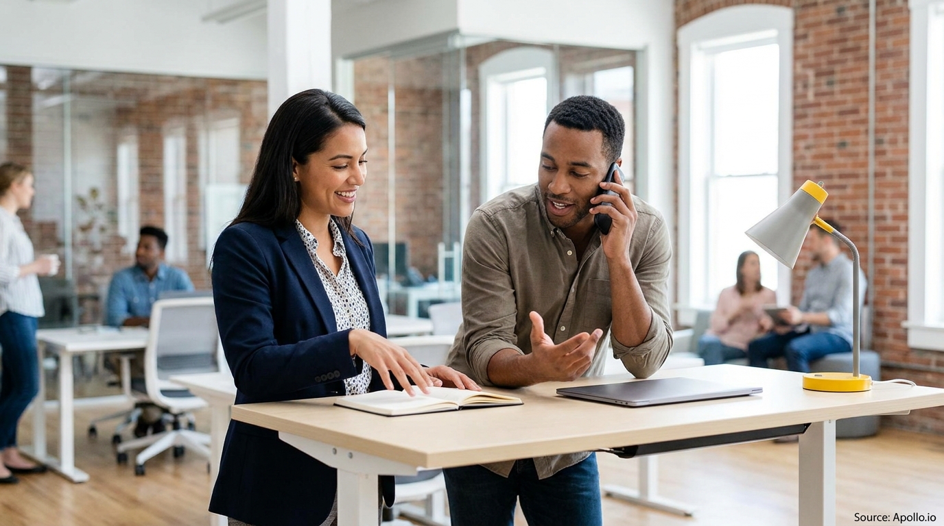 Two smiling professionals collaborate at a modern standing desk, one on the phone, the other reviewing a notebook.