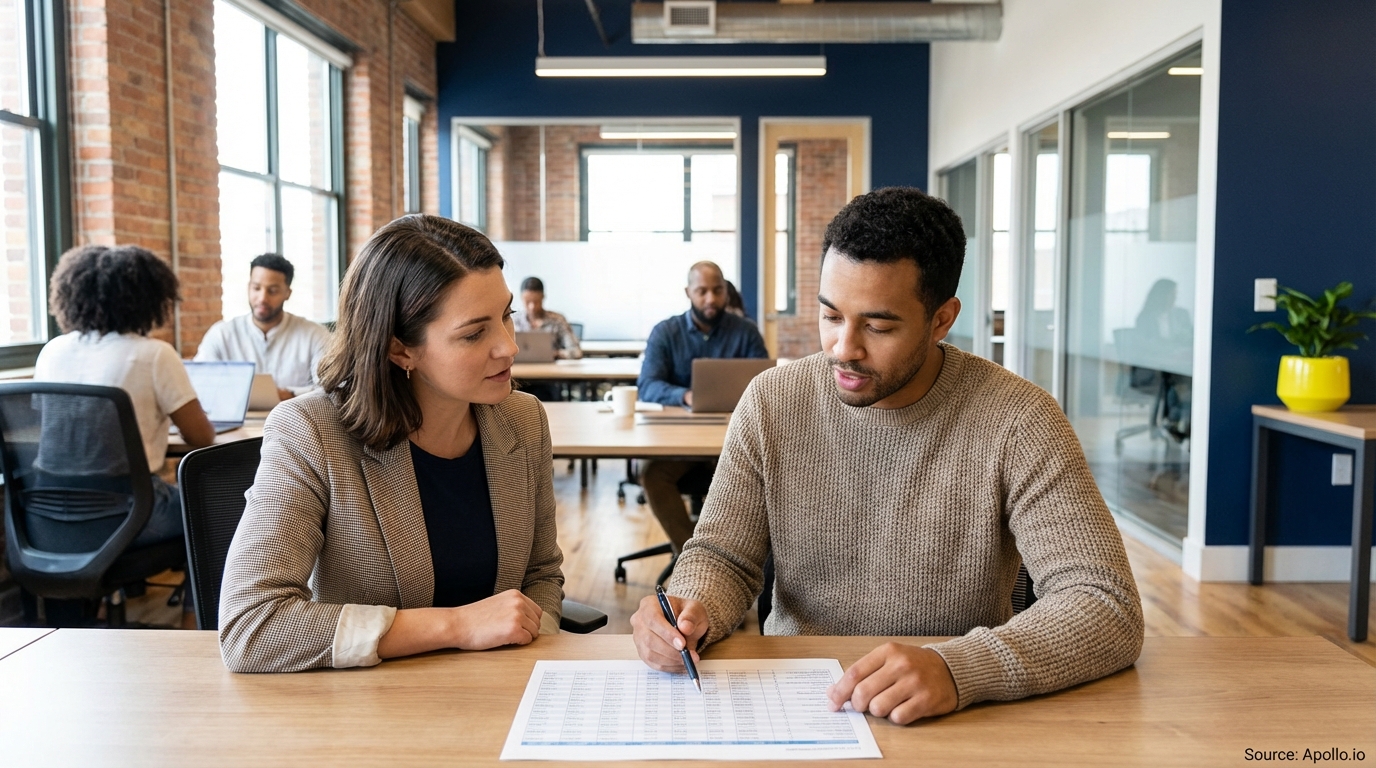 Two diverse colleagues review a document at a desk, with others working in a modern office.
