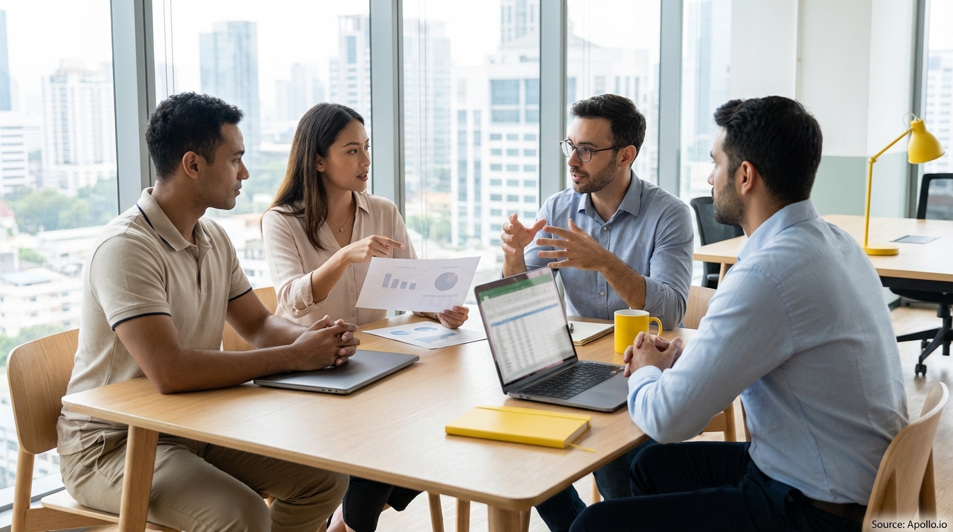 Four diverse colleagues discuss business data at a bright office table with city views.