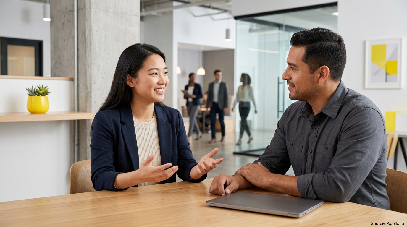 Two professionals talking at a wooden table with a closed laptop in a modern office.
