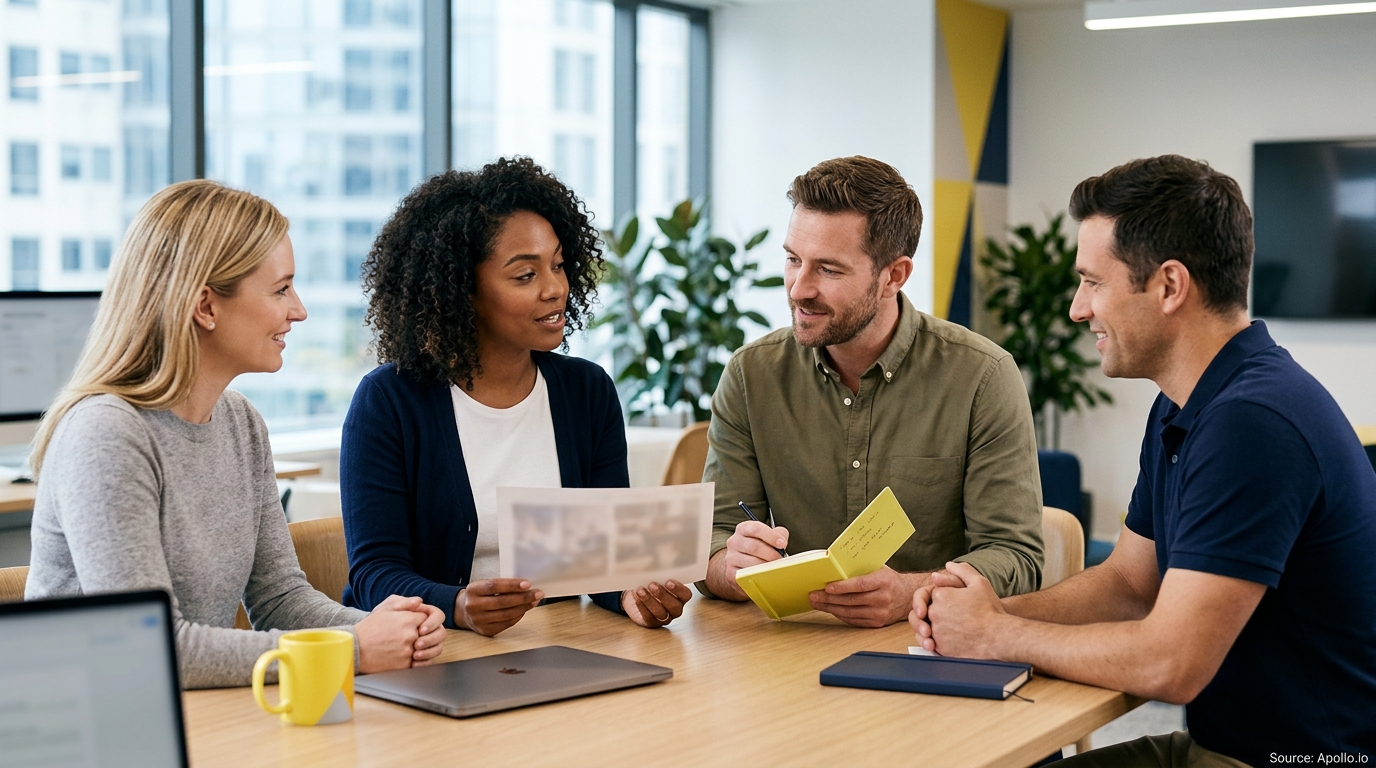 Four colleagues discuss documents and take notes around a meeting table in a bright modern office.