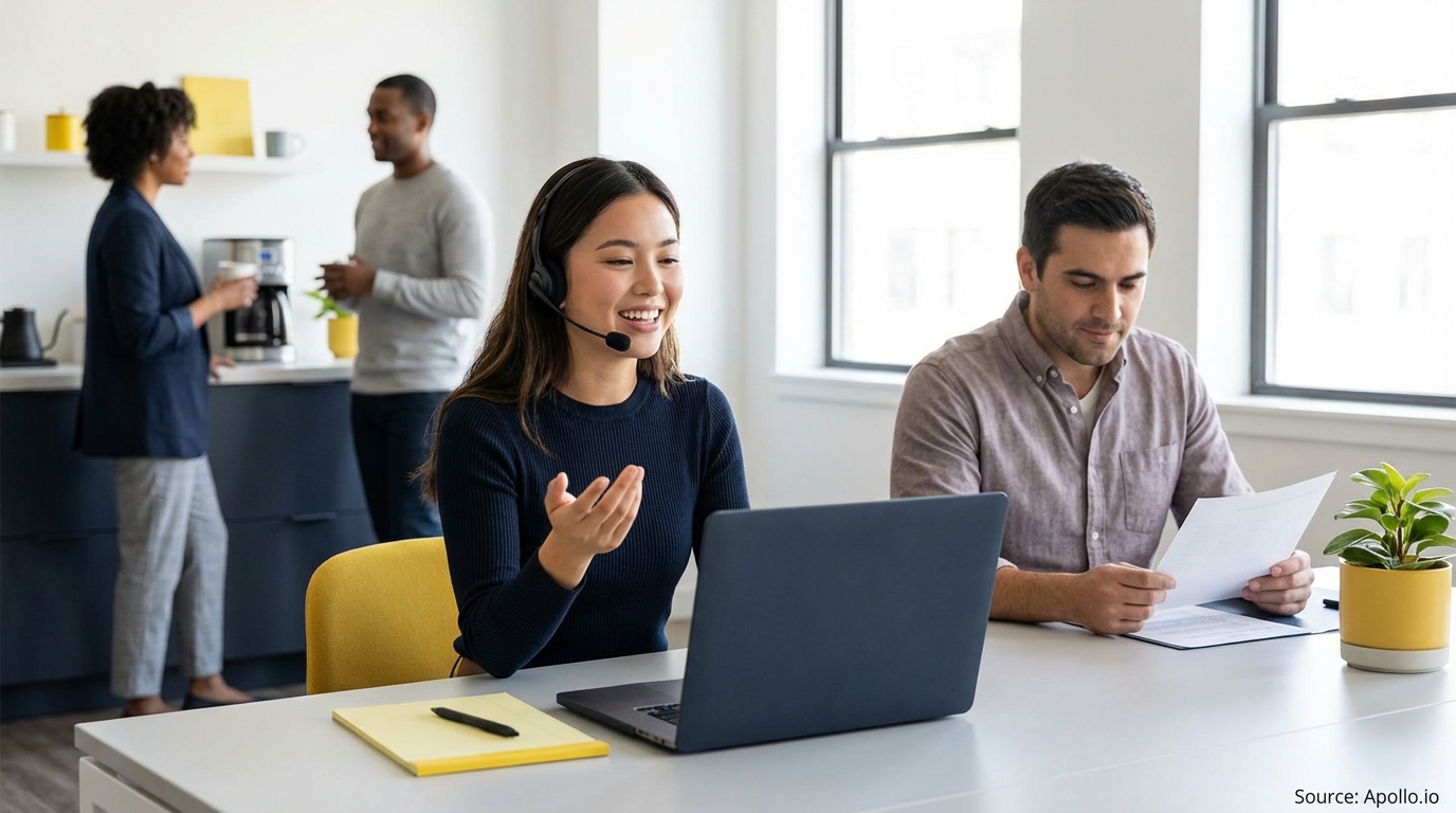 Woman wearing headset on laptop, man reading papers, and two people talking in a modern office.