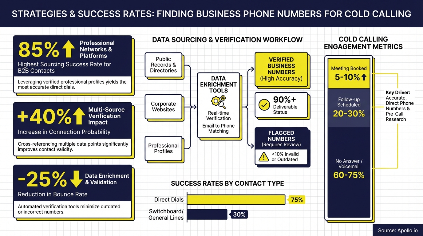 Infographic detailing strategies and success rates for finding business phone numbers for cold calling.