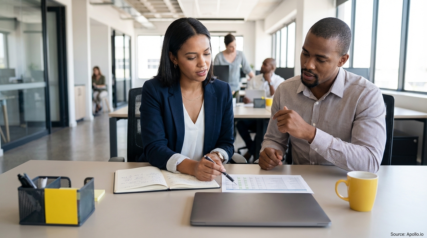 Two business people discussing documents at a modern office desk with a laptop and coffee.