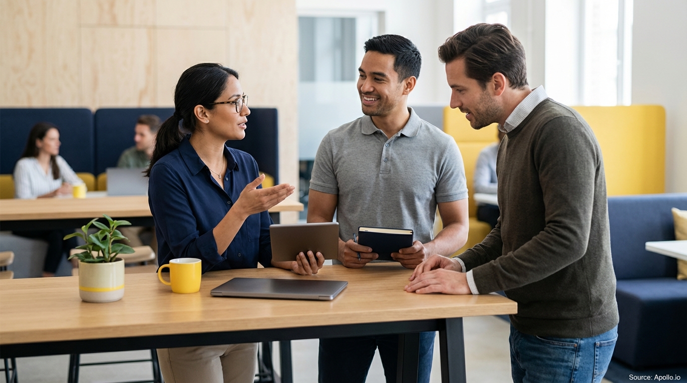 Three professionals discuss work at a modern office table with a tablet and notebook.