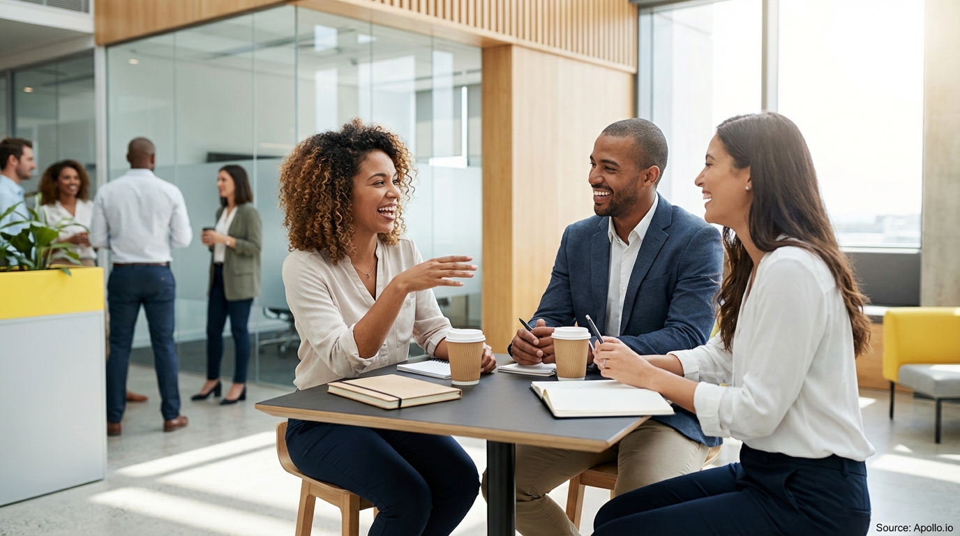 Three diverse professionals laughing and discussing at a modern office table.