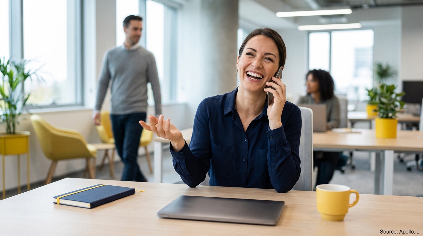 A laughing woman talks on her phone at a bright office desk with others in the background.