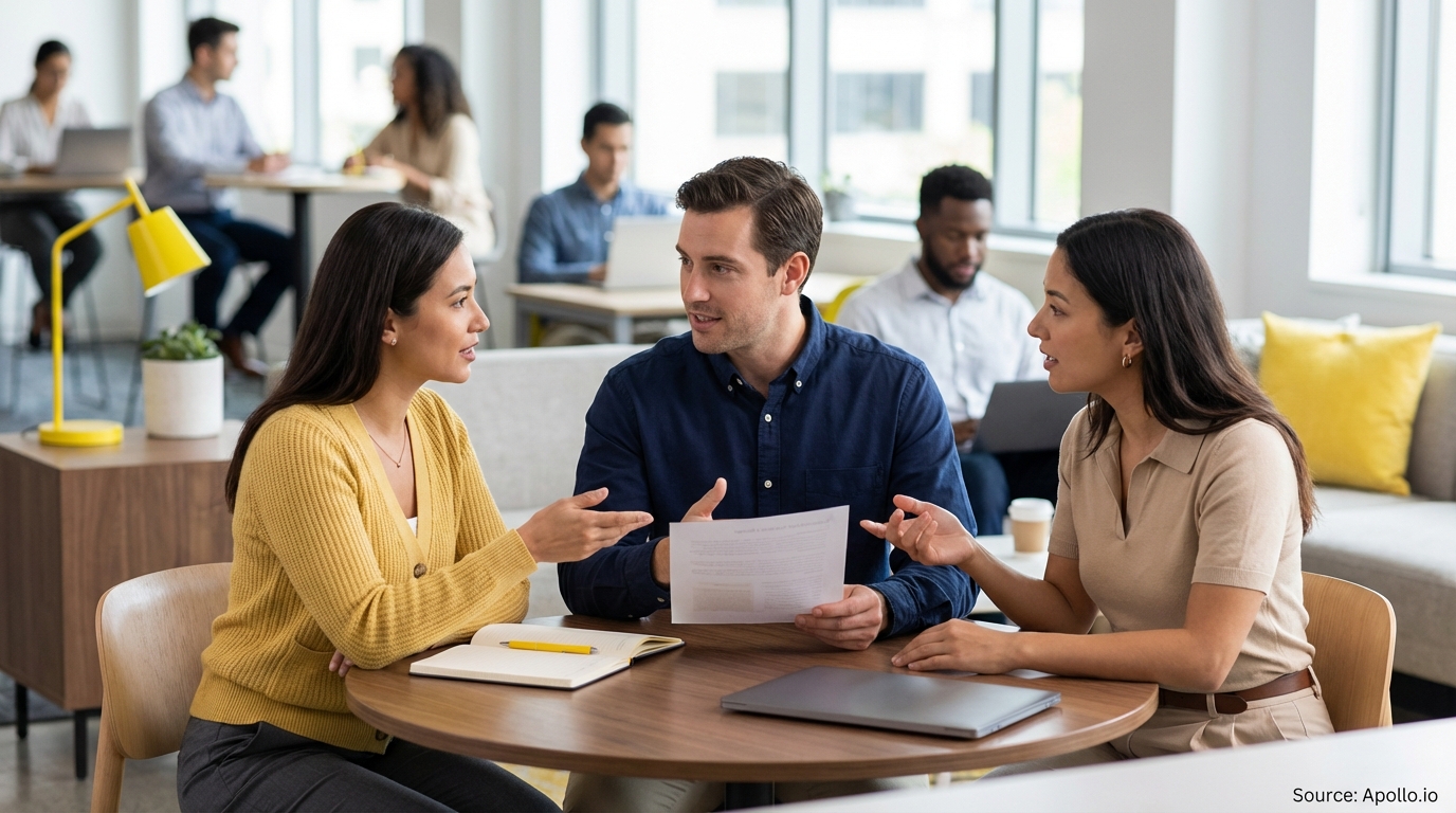 Three professionals discuss documents at a round table in a modern office.