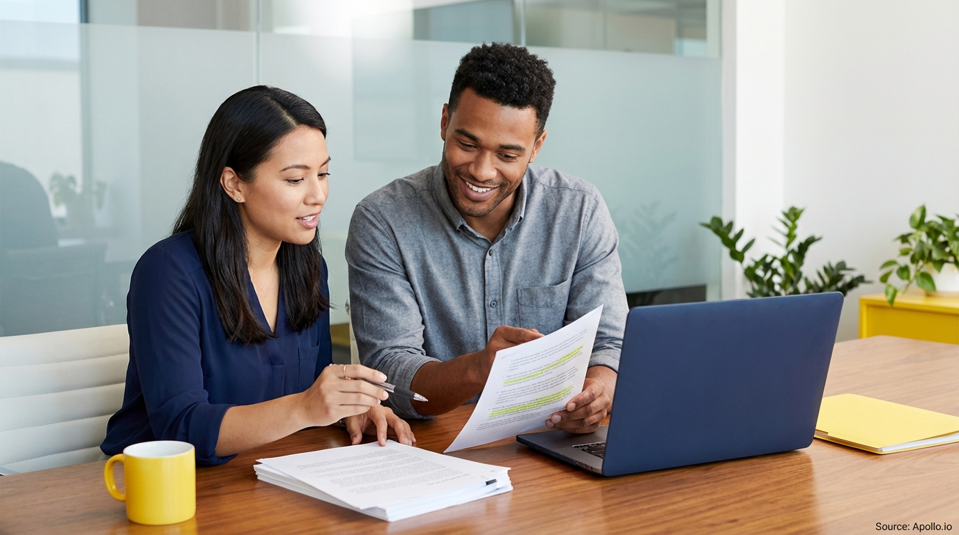 Two smiling professionals discuss documents and a laptop at a modern office table.