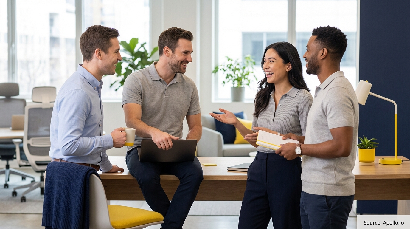 Four smiling colleagues discussing at a modern office table.