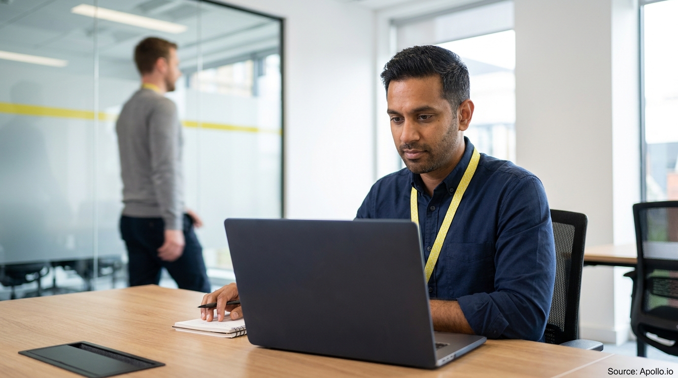 A man works on a laptop at an office desk while another person walks past a glass wall in the background.