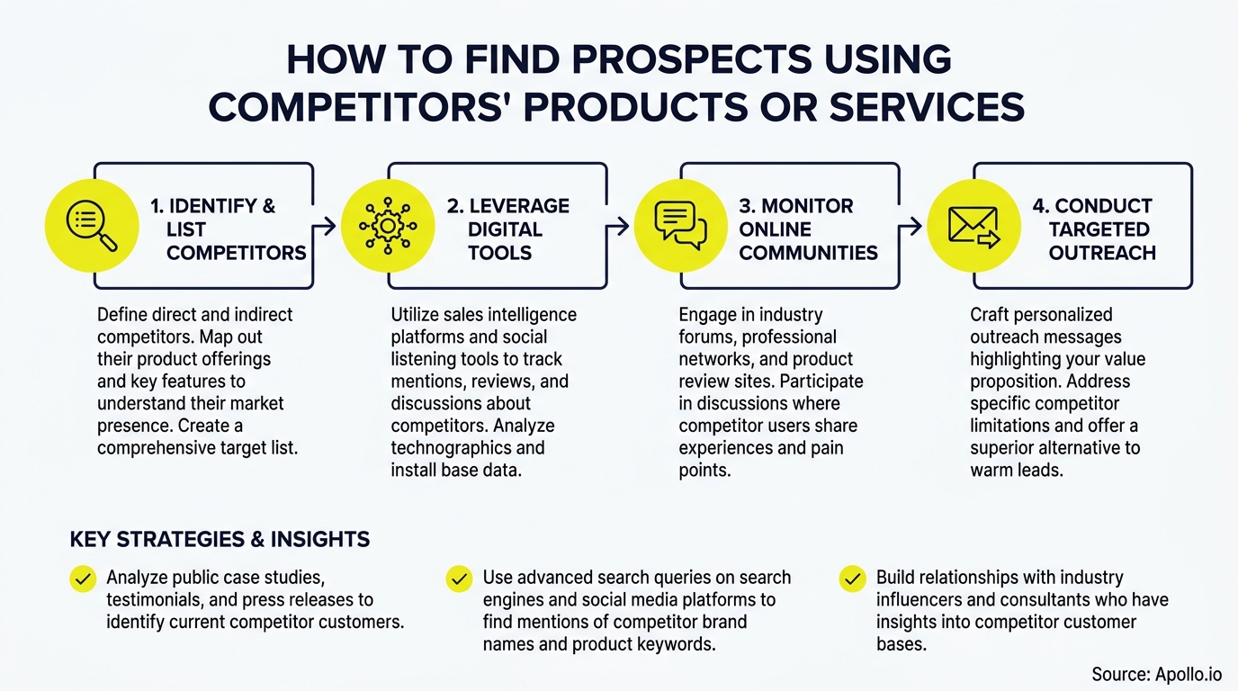 A flowchart outlining four steps to find prospects using competitors' products, with key strategies and insights.