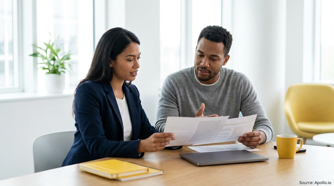 Two professionals discussing documents at a modern office table.