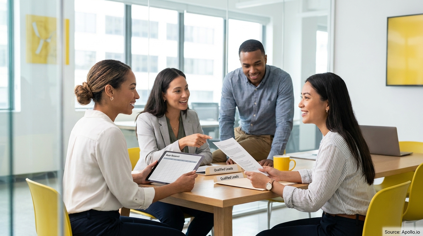 Four professionals discuss documents and a tablet at a modern office table.