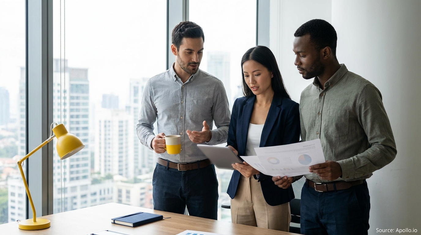 Three diverse professionals discuss documents and a tablet in a modern office with city views.