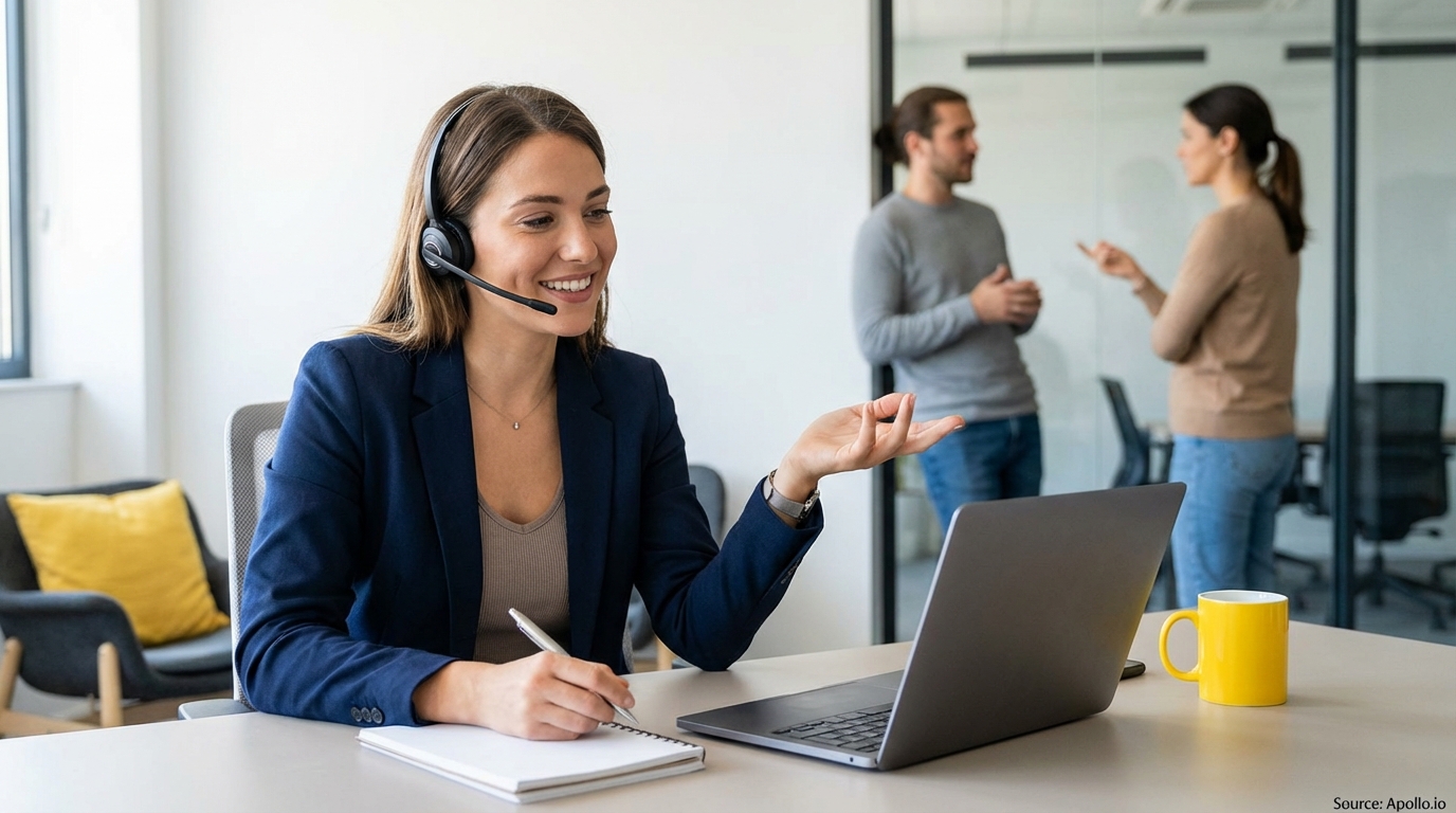 Smiling woman with headset on a call at office desk, writing, while two colleagues talk nearby.