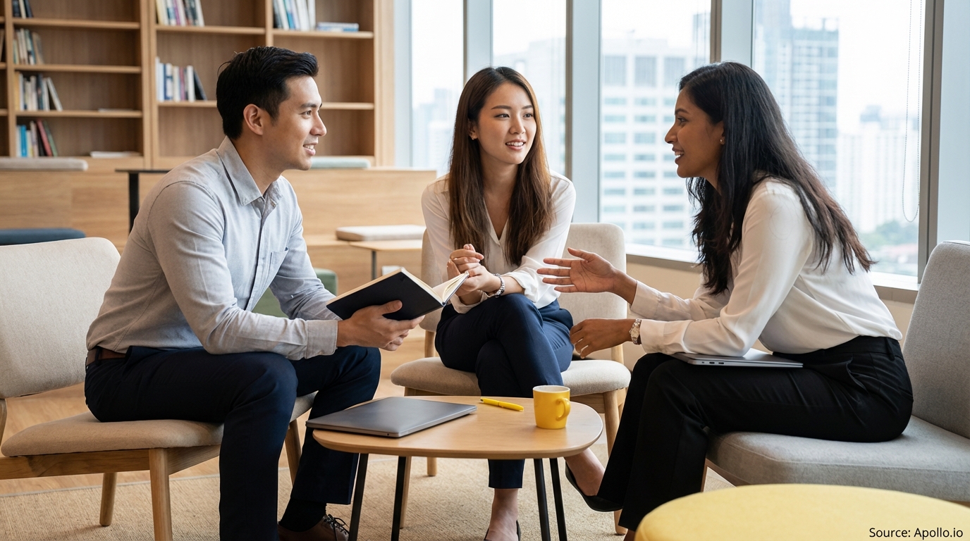 Three colleagues discuss in a bright, modern office with bookshelves.