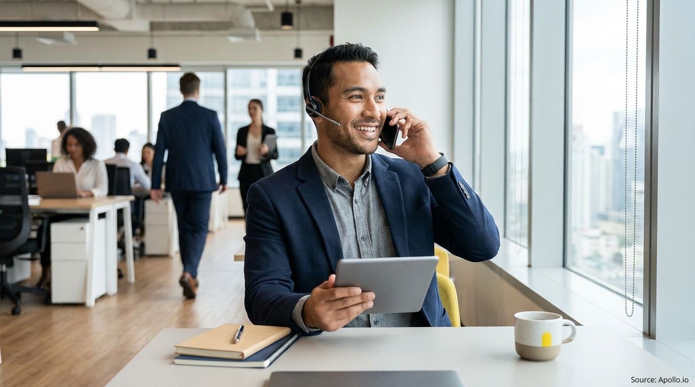 Smiling man with a headset talks on the phone and holds a tablet in a busy, modern office.