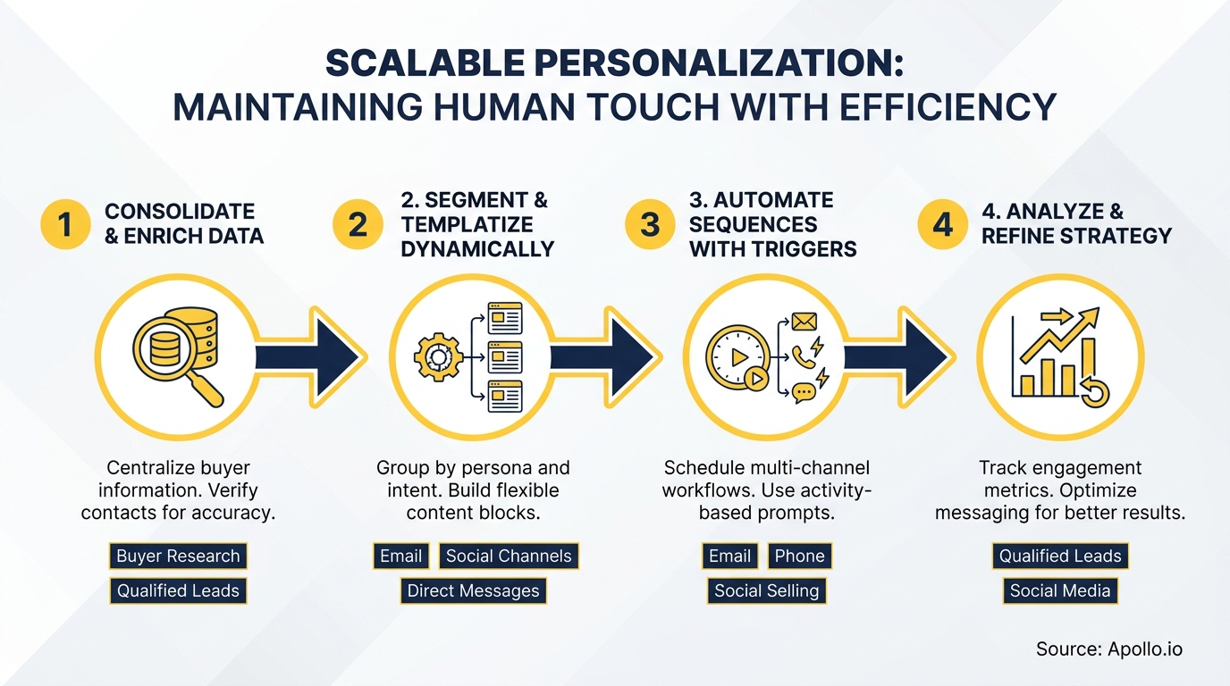 Flowchart illustrating four steps to achieve scalable personalization with human touch and efficiency.
