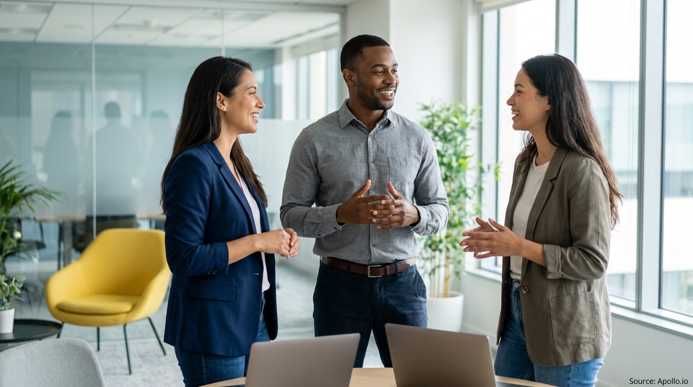 Three diverse professionals discussing and smiling in a modern office.
