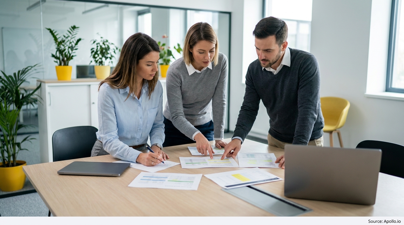 Three professionals discussing documents and writing at a modern office table.
