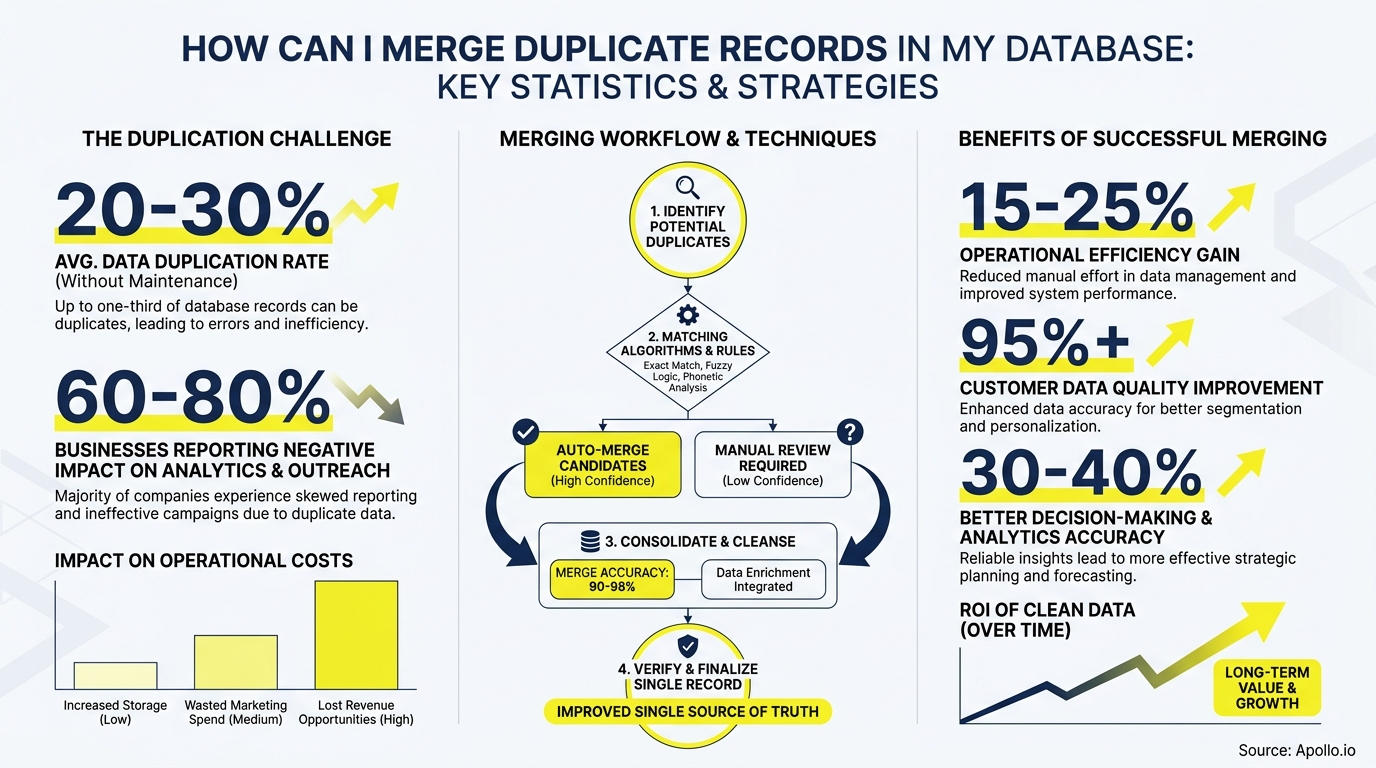 Infographic showing statistics, a workflow, and benefits for merging duplicate database records.