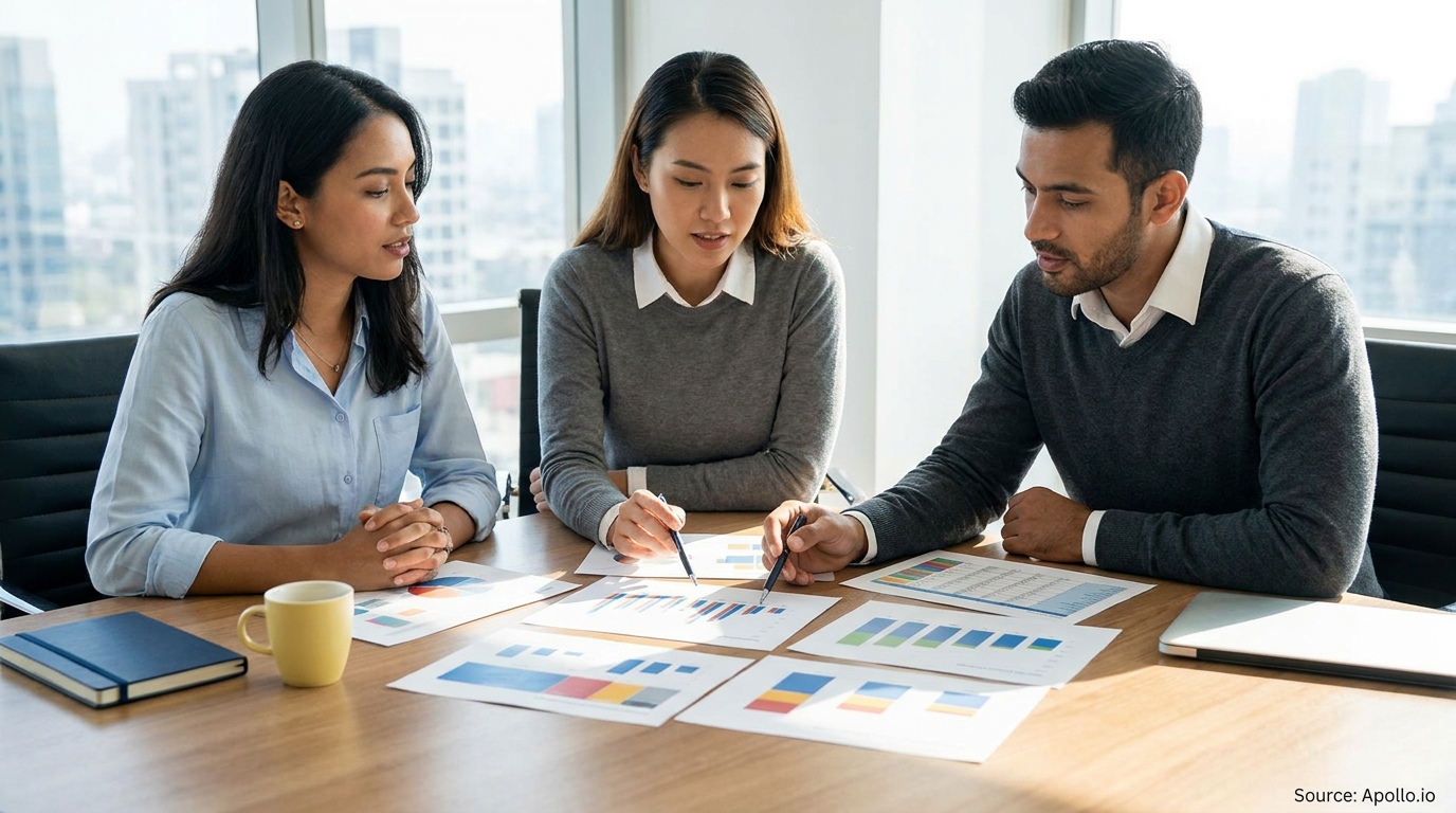Three professionals discussing data charts at a modern office table.