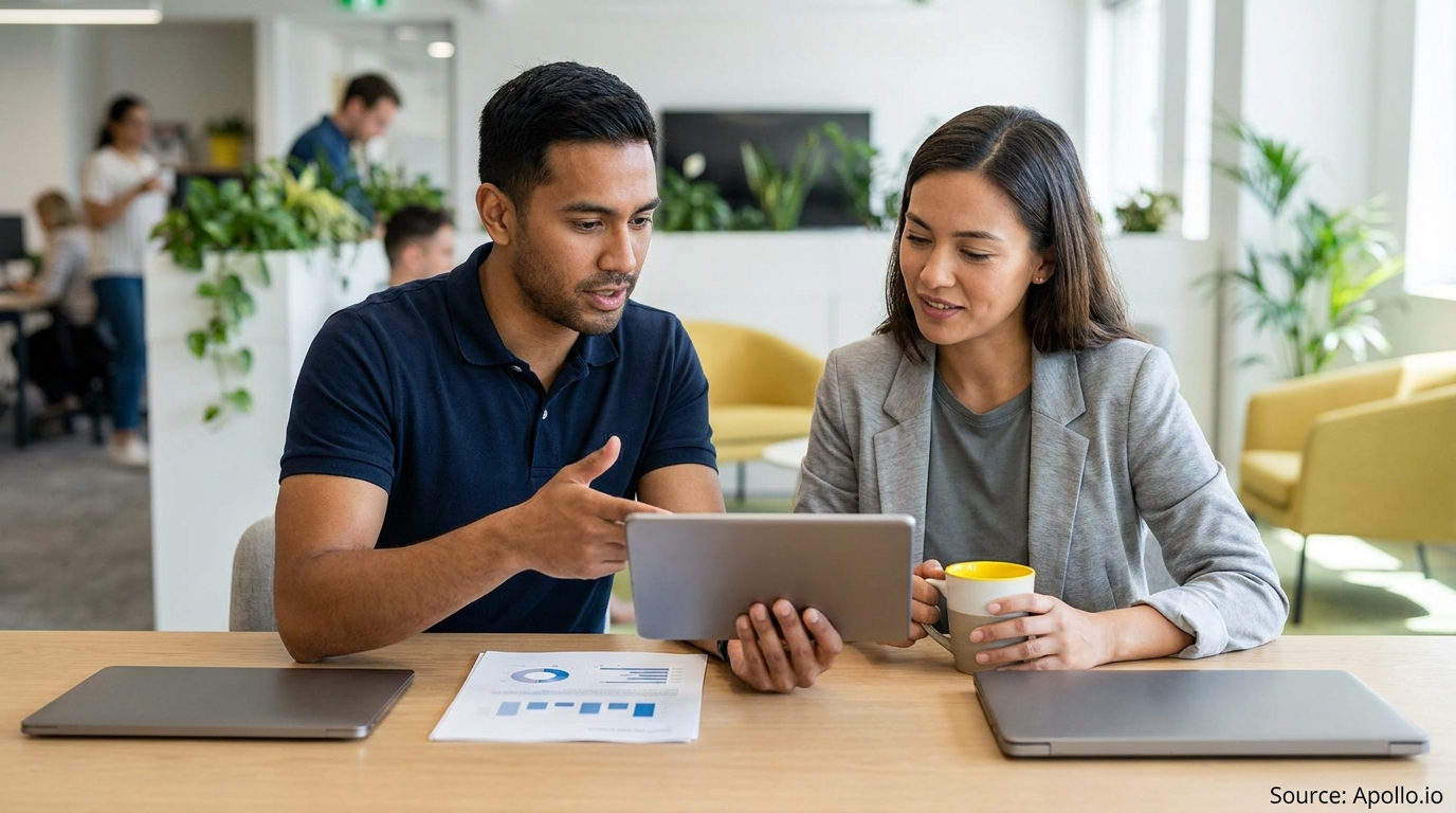 Two colleagues review data on a tablet at a desk in a collaborative office.