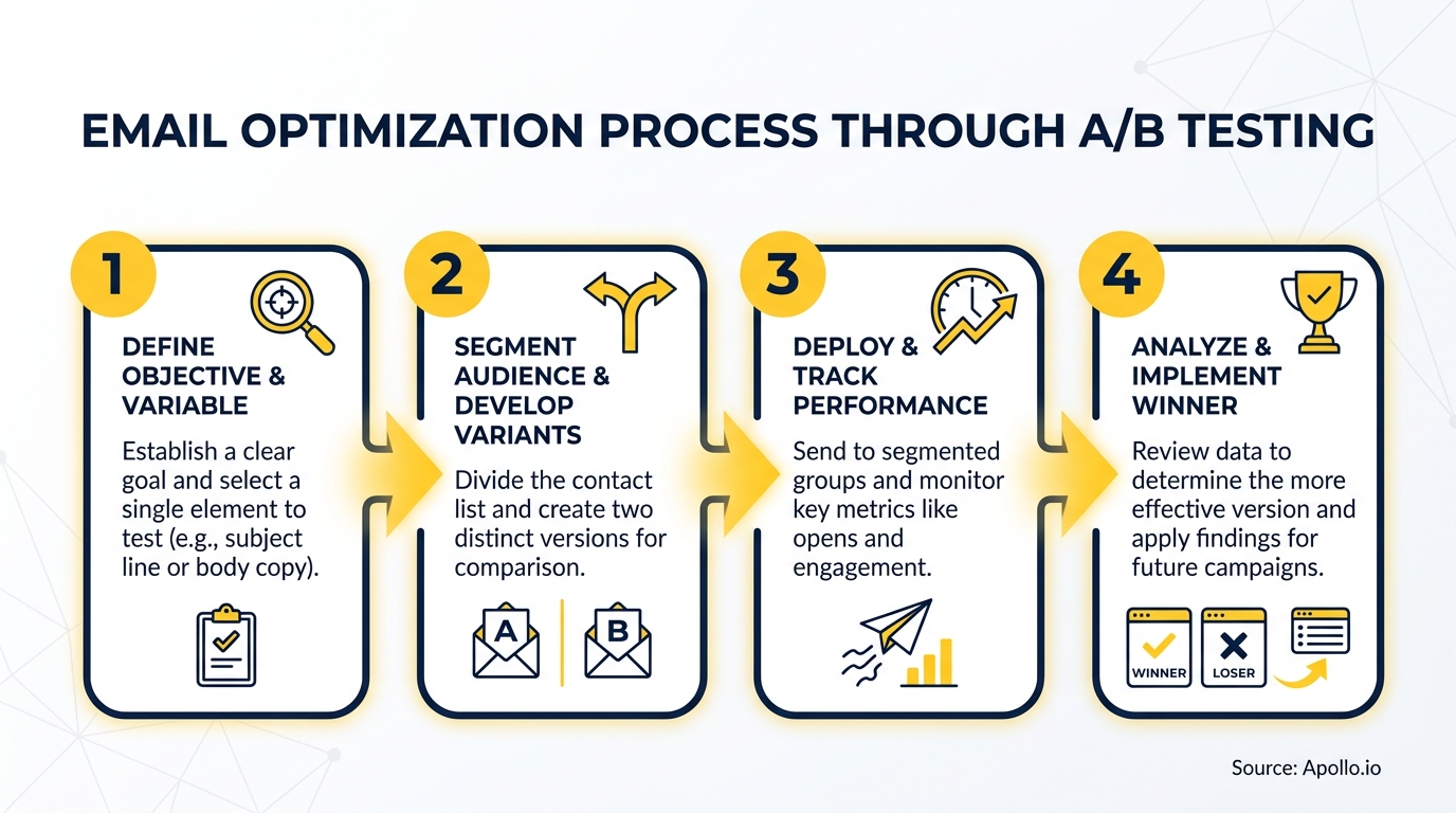 Four steps outlining email A/B testing: define, segment, deploy, and analyze, with relevant icons.