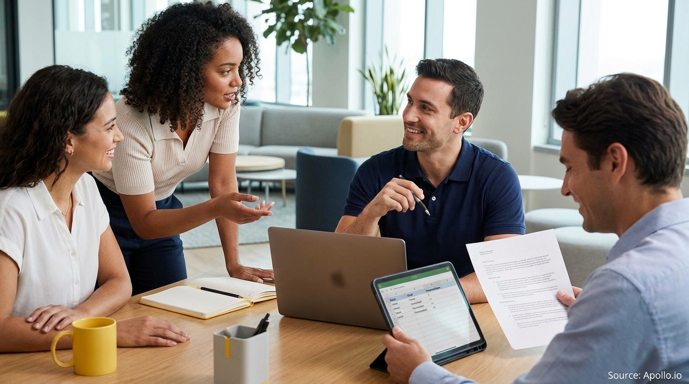 Four colleagues collaborate at a table, reviewing documents and screens in a bright office.