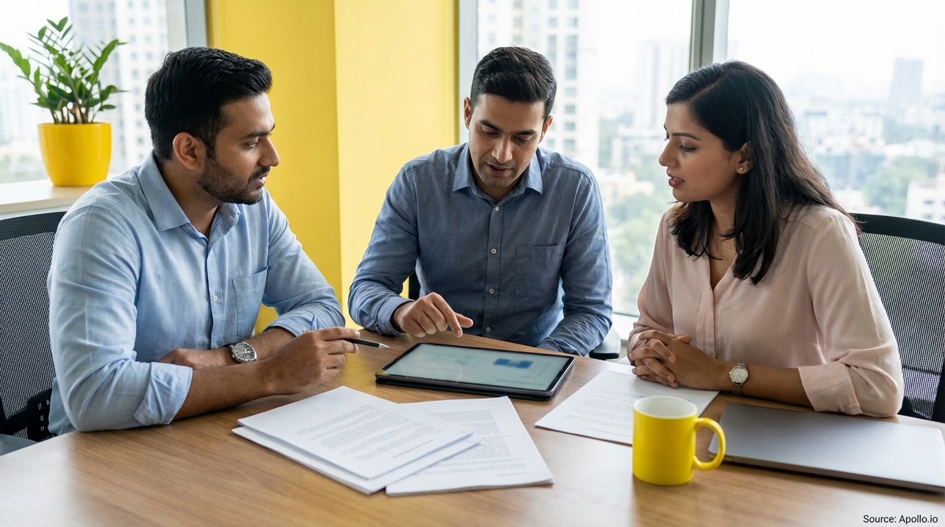 Three professionals discuss data on a tablet at a modern office table.