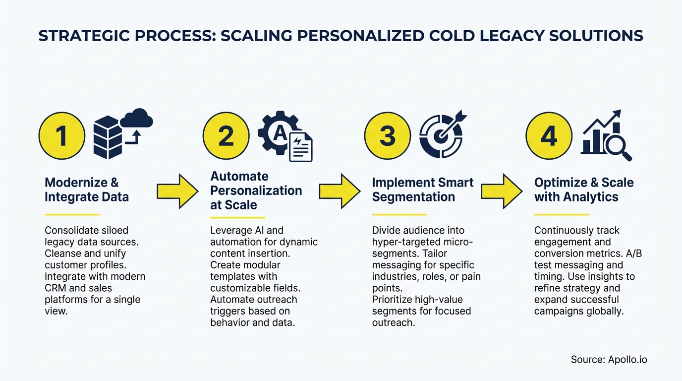 Four-step strategic process diagram for scaling personalized cold legacy solutions.