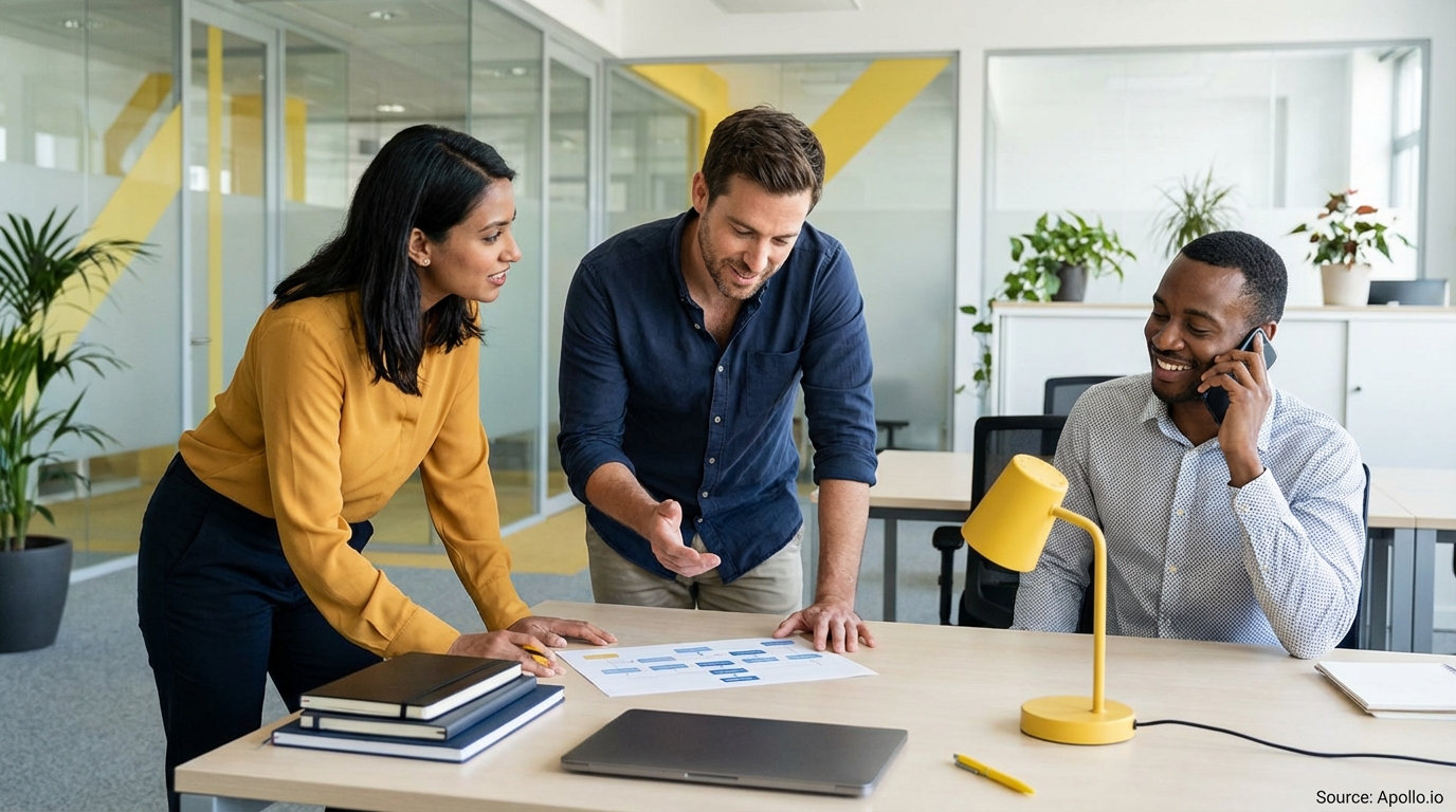 Three colleagues in a modern office, two discuss a document while one talks on the phone.