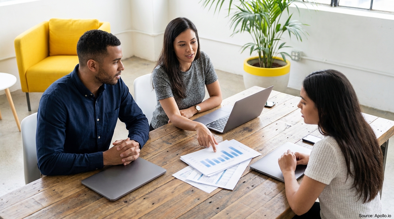 Three colleagues discuss charts and data on a laptop at a wooden office table.