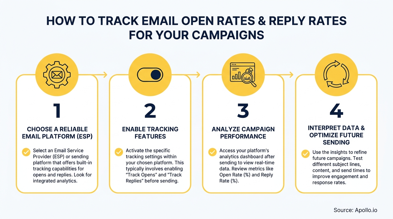 A four-step diagram illustrates how to track email campaign open and reply rates.