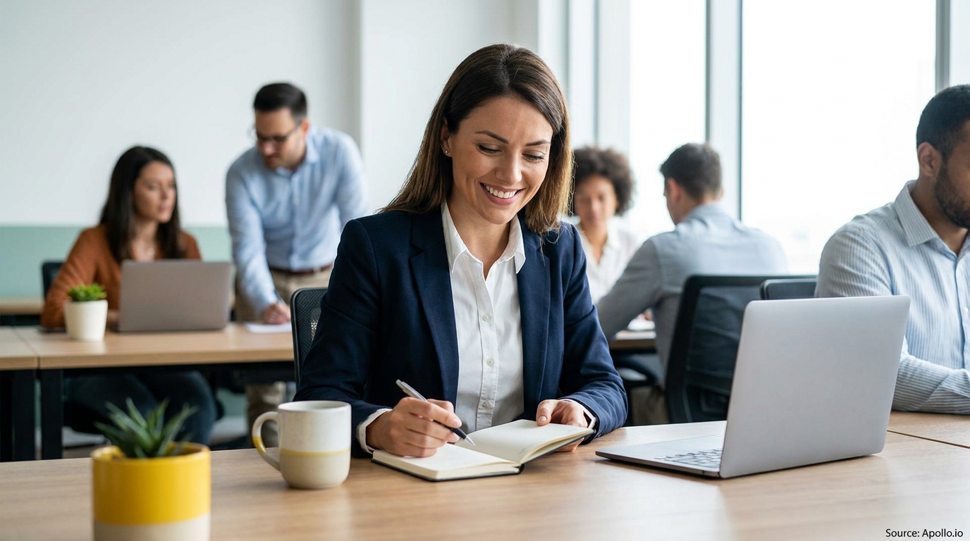 Smiling woman writing in a notebook at her desk in a busy, modern office.