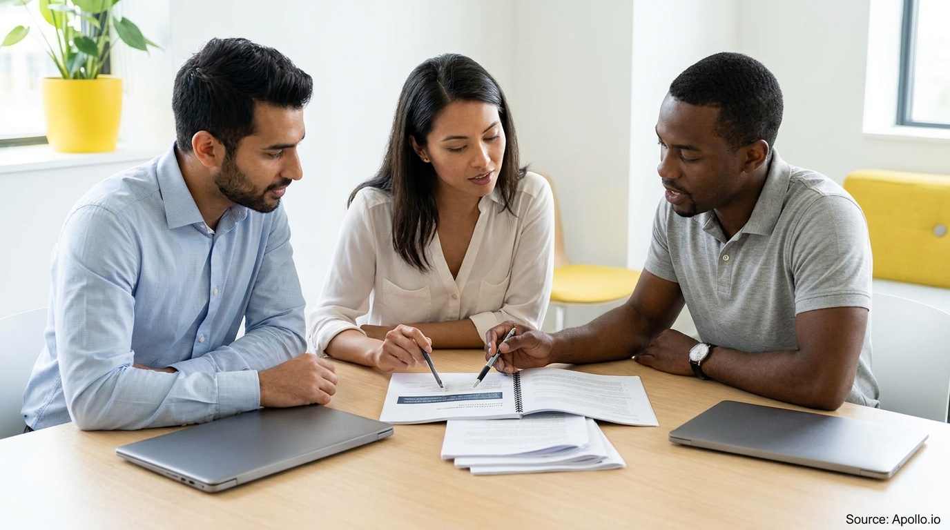 Three diverse professionals discuss documents at a modern office table with laptops.