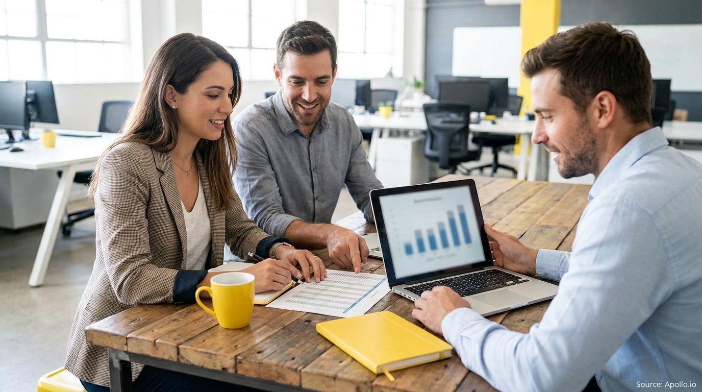 Three professionals reviewing data on a laptop and document at an office table.