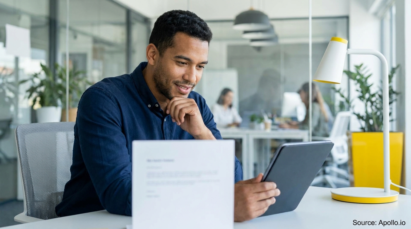 Smiling man reviews documents and a tablet at a desk in a modern office.