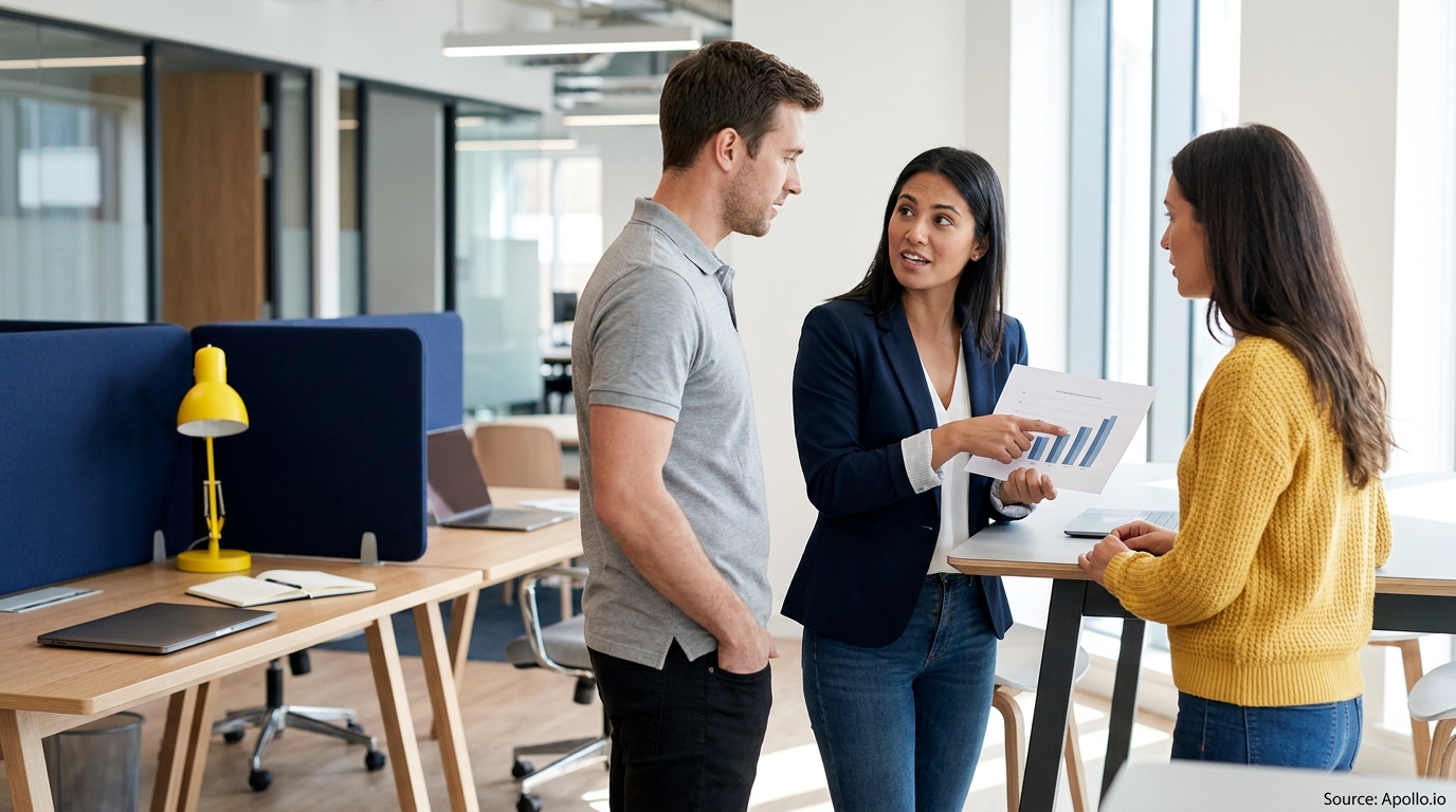 Three colleagues discuss a bar chart, one pointing, in a modern office.