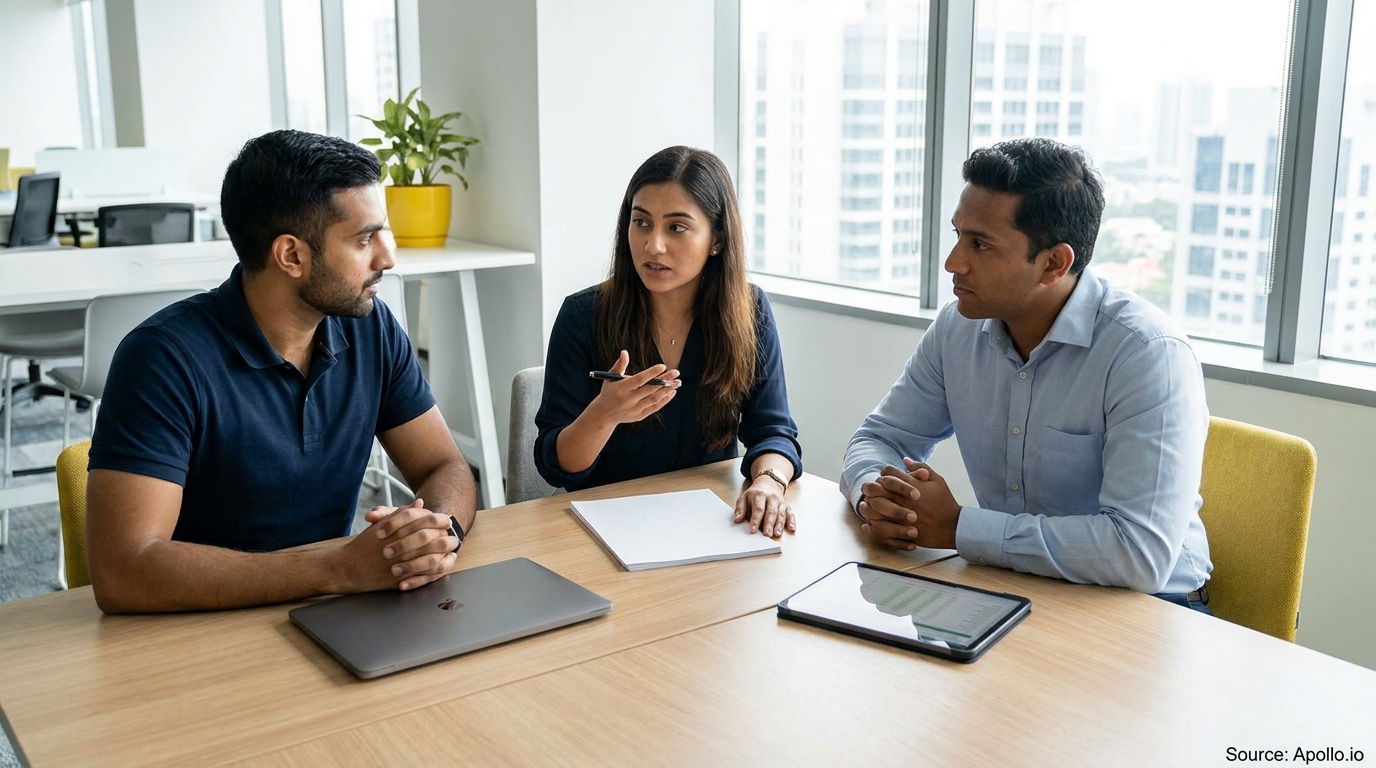 Three professionals are meeting at a bright office table, one woman talking, two men listening.