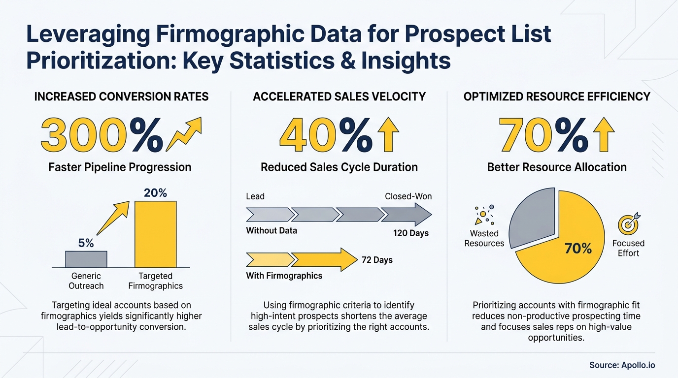 Infographic displays firmographic data benefits: 300% increased conversion, 40% reduced sales cycle, 70% better resource allocation.