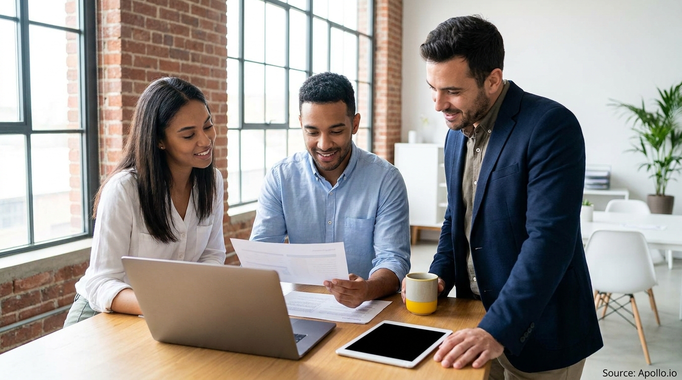 Three smiling professionals discussing documents and a laptop at a modern office table with brick walls.