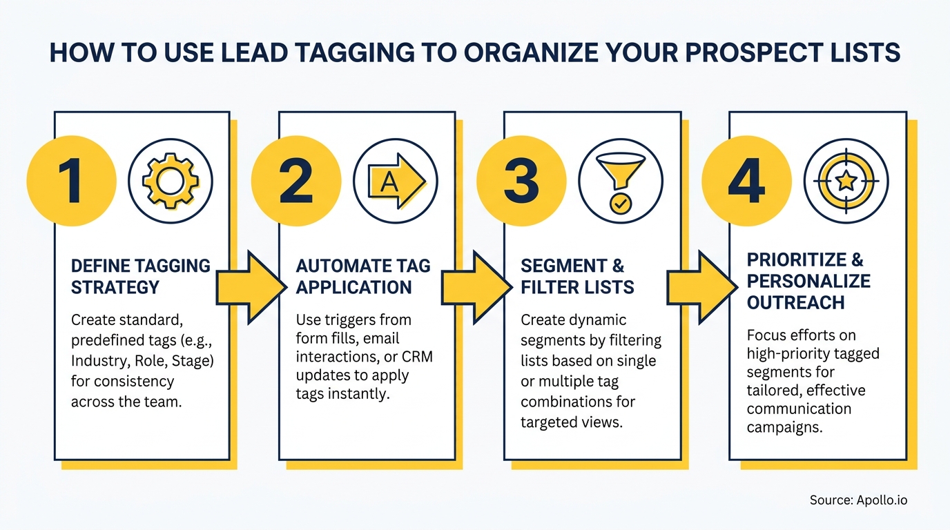 Four-step process diagram detailing lead tagging to organize prospect lists.