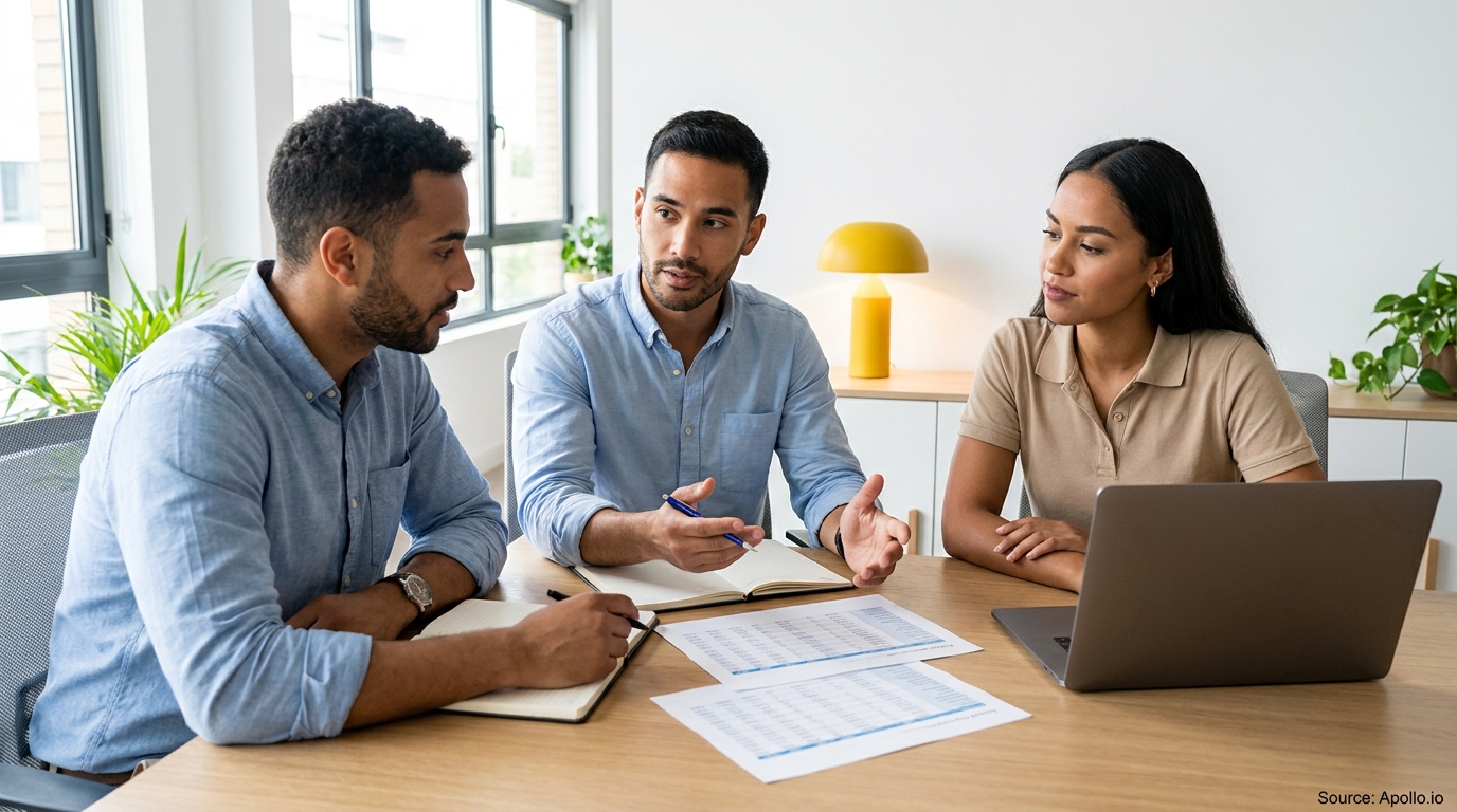 Three professionals discussing at a modern office table with papers and a laptop.